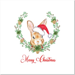 Merry christmas bunny in wreath Posters and Art